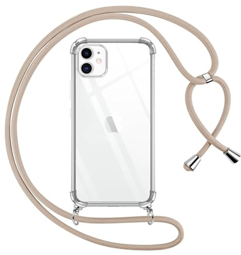 Pnakqil handyband für iPhone 12/iPhone 12 Pro Hülle mit Band, Transparent Weich Silikon mit Kordel Necklace Schnur Anti-Fall Bumper Schutzhülle Case Kompatibel mit iPhone 12 6.1, Khaki