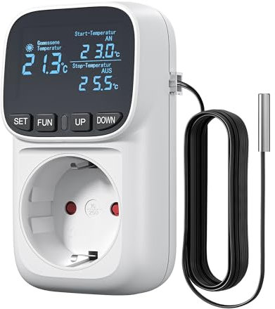 DEWENWILS Temperaturregler, Deutsches Display, Temperaturschalter mit Fühler 230V, Digital Thermostat Steckdose, Temperaturwächter mit Heiz- und Kühlmodus für Gewächshaus, Terrarium, Kühlschrank