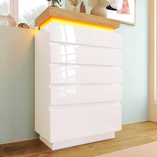 Merax Kommode Sideboard Hochglanz mit LED Beleuchtung, Moderner Standschrank mit 6 Schubladen, Mehrzweckschrank für Wohnzimmer, Schlafzimmer, Kinderzimmer, Flur, Grifflose Design, 73cm, Weiß & Eiche