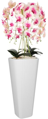 Pot de fleurs rond avec grand insert - Couleur : blanc - Diamètre : 39 cm - Hauteur : 81 cm - Surface rainurée - En plastique mat - Moderne - Glamour - Pour terrasse, jardin, balcon