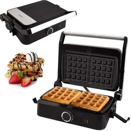 Syntrox Belgische Waffel Kombigerät Multifunktionsmaker mit Wechselplatten, Kontaktgrill Edelstahl, Multifunktions Sandwichmaker, mit austauschbaren Platten, multifunktionales Küchengerät