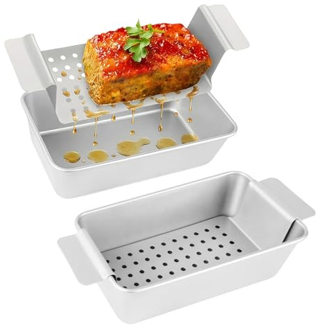 Logario Meatloaf Pan with Drain Tray Set of 2 – Nonstick Loaf Pan with Perforated Insert for Healthier Cooking, Easy-Lift Design, Even Heating, BPA & PFOA Free for Meatloaf, Bread & Casseroles