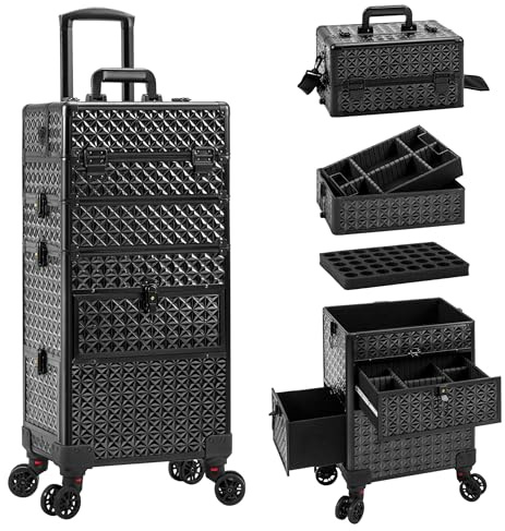 AROUS Rolling Makeup Train Case with 3 Drawers, Cosmetology Case on Wheels Nail Trolley Cart Salon Station Organizer Cases for Nail Tech, Face Painting,Hairstylist, Makeup Artist, Black