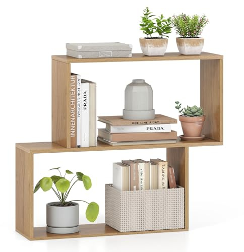 COSTWAY 3-våningshylla, fristående trähylla med 2 kubformade fack, geometrisk förvaringshylla, displayhylla för vardagsrum, arbetsrum, kontor (natur)