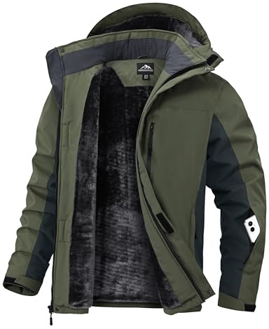 Zoofly Skijacke Herren Winterjacke Winddicht Ski jacke für Männer Wasserdicht Outdoorjacke Mann mit Abnehmbarer Kapuze Olivgrün XL
