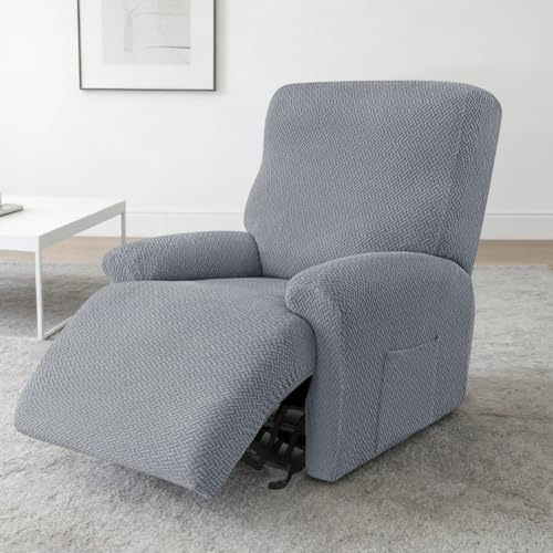 Kayuneed 4-delat allt-inclusive-fåtöljskydd, vilkbäddsoffa, stretch, relaxfåtöljöverdrag med fickor, fåtöljöverdrag för TV-fåtölj, liggfåtölj, relaxfåtölj (ljusgrå)