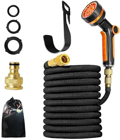 Flexibler Gartenschlauch mit 10 Funktion 30m, dehnbarer flexi Schlauch, Vollmessing Adapter 1/2' 3/4' Zoll, Wandhalterung Tasche, kein-Knick fErweiterbarer Gartenschlauch