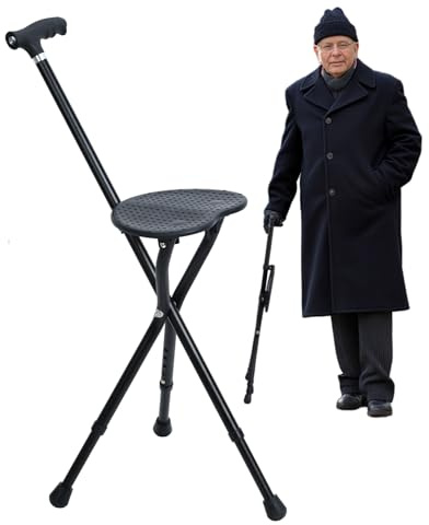 Folding Walking Stick with Seat, 2-in-1 Cane Stool for Adults, Aluminum Walking Cane, Portable Cane Stool for Seniors, up to 150 kg, Carry Chair for Hiking Traveling Camping Fishing (Black T-Shape)