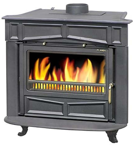 Home Care Commerce GLAS Franklin Gusseisen-Holzofen, 10 kW Nennleistung, 13 kW maximale Leistung, 74,1 % Effizienz, großes Sichtfenster aus Glas, Energieklasse A, Schwarz