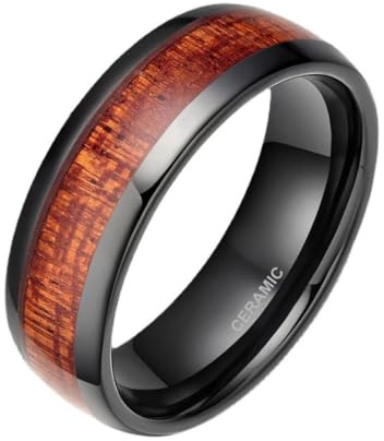 Hoisy Bague de Fiançailles Gravé Homme Céramique, 8MM Rond et Grain de Bois Anneaux Brun Noir Homme
