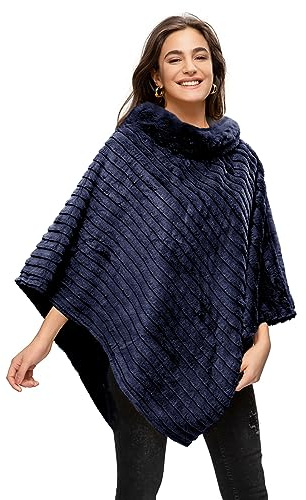 Gloop Poncho d'hiver élégant en fourrure synthétique pour femme - Col rond - Veste épaisse et chaude en fourrure tricotée, bleu, taille unique