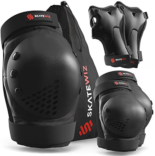 SKATEWIZ Knieschoner Kinder Schoner Inliner Kinder - Inliner Schoner Knieschützer - Protektoren - Knie und Ellenbogenschützer - SMASH Größe M/L Schwarz
