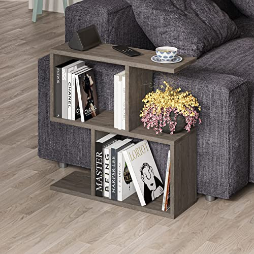 Holz Beistelltisch mit 2 Etagen, vielseitiger Sofatisch mit 4 offenen Fächern, kompakter Organizer für Wohnzimmer und Büro, belastbar bis 20 kg, pflegeleicht, 60 x 60 x 19,5 cm (Dunkel Kaffee)