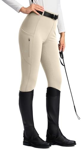 SANTINY Women's Horse Riding Pants Zipper Pockets Silicone Full-Seat Breeches Equestrian Schooling Tights for Women (Beige_S)