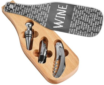 Avilia Set 3 Accessori Sommelier per Bottiglie di Vino - Kit per Degustazione Vini con Apribottiglie, Versatore e Tappo, in Legno e Acciaio, 28x10x3 cm, Marrone e Bianco