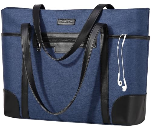 Chase Chic Laptop Handtasche Damen, Groß Wasserdicht 15.6 Zoll Laptop Tasche Arbeitstasche, Elegante Shopper Tote Bag für Business Büro Schule Einkauf Arbeit mit Gepäckband（Blau）
