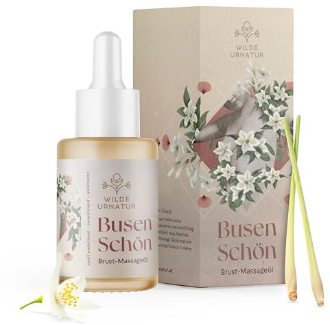 WILDEURNATUR – Brust Massageöl Busen Schön – Brustöl, pflegt, stärkt & entspannt, mit tropischem Blütenduft, Massageöl gegen Spannungsgefühlen – 100% naturreine Öle –Sojaöl, Mandelöl, Jojobaöl, 30ml