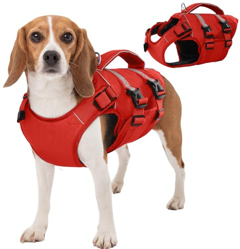 Kuoser Schwimmweste Hund mittel, Hundeschwimmweste mit Griff, Rot L | Rettungswesten für Hunde mit Reflektierend, Verstellbare Hunde Schwimmweste für mittelgroße Hunde mit Verbesserter Auftrieb