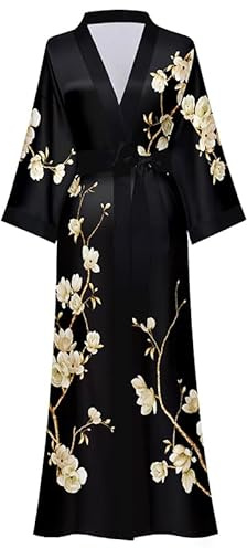 EORUBE Lång kimono rock kvinnor täcker tryck blommigt satin nattkläder silkeslen badrock ungkarlrock, Svart - Magnolia, one size