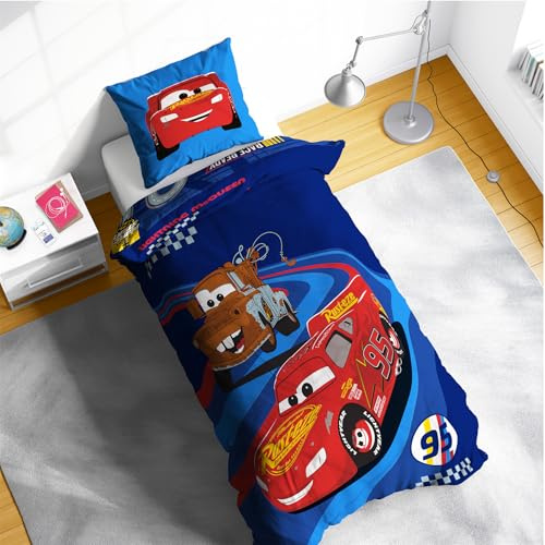 Disney Cars Lightning McQueen & Mater Bettwäsche-Set für Einzelbett, wendbar, Kinderbettwäsche mit Rennstrecken-Design und passenden Kissenbezügen