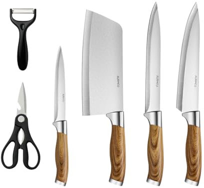 AURMOO Set di Coltelli da Cucina Professionali, Set Coltelli da Cucina, Coltello da Taglio, Coltello da Cuoco, Coltello da Taglio, Coltelli da Tavola e Utensili Cucina, Forbici, 6 Pezzi