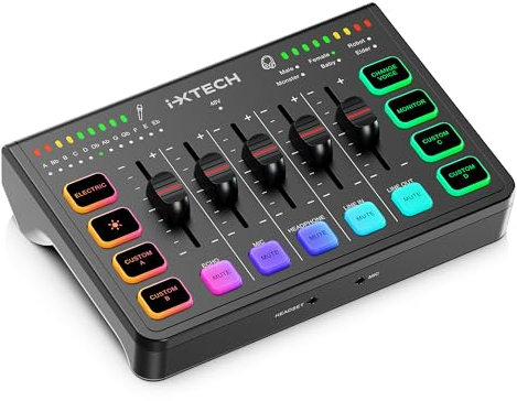 IXTECH Gaming Audio Mixer 4 Channel Soundboard, streaming RGB PC Audio Interface with XLR Microphone Support, equalizzatore audio per gaming, podcast streaming karaoke, controllo volume individuale