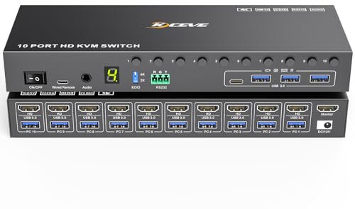 10 Porte 8 Porte KVM Switch HDMI 4K@60Hz Simulazione EDID, USB 3.0 10 PC Switch KVM Condividono 1 Monitor e 4 Dispositivi USB, Audio, RS232, Dotato Cavo Remoto, Alimentazione 12V e 10*Cavo USB