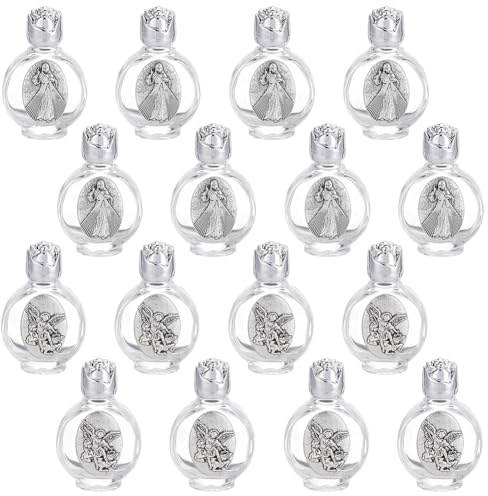 WEBEEDY 16 botellas de vidrio para agua bendita de 15 ml vacíos en relieve, botellas de bendición de la iglesia con tapa, regalos portátiles de iglesia para Pascua 2 estilos