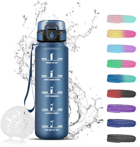 Trinkflasche Kinder 500ml, Zeitmarkierung, Filter, Auslaufsicher, leicht reinigbar, Sporttrinkflasche für Schule, Reisen, Camping, Running, Dunkelblau