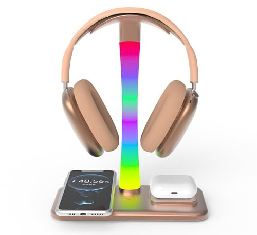 Headphone Stand with Wireless Charger,Gaming Headset stand with RGB Light Mode,For Airpod Max Stand Compatible with Airpod Pro/3/2,For iPhone 17/16/15/14/13/12/11,Gifts for Gamers & Music Lover (Gold)