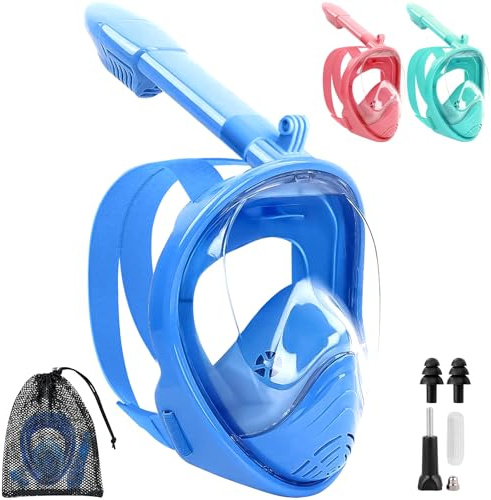 SaiXuan Snorkelmask XS för barn – 180° dykmask med torrandningssystem, anti-dimma & läckageskydd, med bärväska, kamerahållare & tillbehör – dykglasögon för pojkar & flickor (Blå)