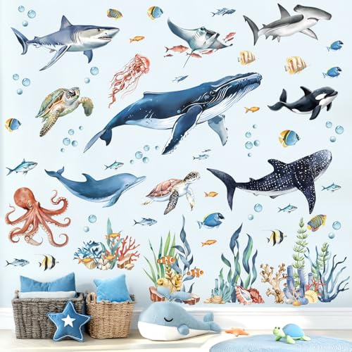 decalmile Wandsticker Unter dem Meer Wandtattoo Fisch Unterwasserwelt Hai | Abziehbare und Aufklebbare Wandaufkleber, DIY Abnehmbare Wandkunst Abziehbilder, Wandfreundlich, Leuchtenden Farben