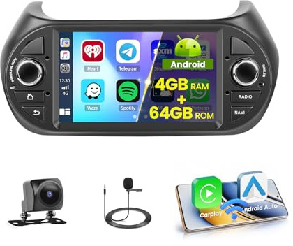 5G WiFi 4+64G Android Autoradio för FIAT Fiorino/Qubo/Peugeot Bipper/Citroën Nemo Trådlös Carplay Android Auto,7 Tum Skärm Autoradio med Navi Bluetooth5.0 FM/RDS SWC Backkamera