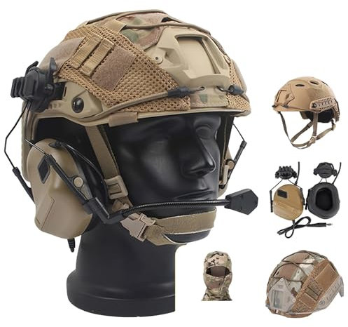 YChoolco Airsoft Helmet Set with Tactical Headset and Camouflage Helmet Cover for Airsoft Paintball CS Game Hunting Shooting Gear(T)