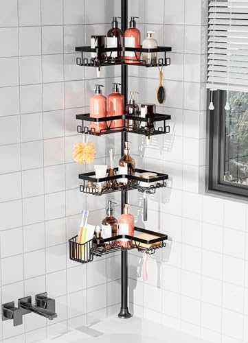 Daoun Teleskop Duschablage Ohne Bohren mit 4 Körbe Edelstahl Schwarz | 24 integrierten Hakens mit Zahnbürstenhalter Duschregal Organizer, Für Bad Ecke höhenverstellbar 60-293cm