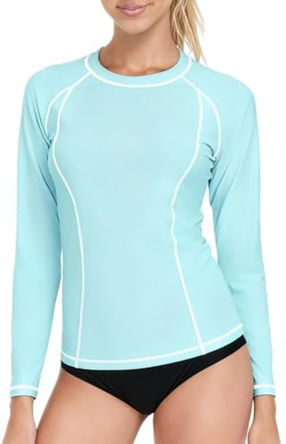 ATTRACO Women Long Sleeve UPF 50+ Rash Guard Swim Shirt | UV Sun Protection, Quick Dry, Breathable, Soft, Zipper, Side Pockets, Runched Side, Thumb Holes, Surfing, Diving, Beach