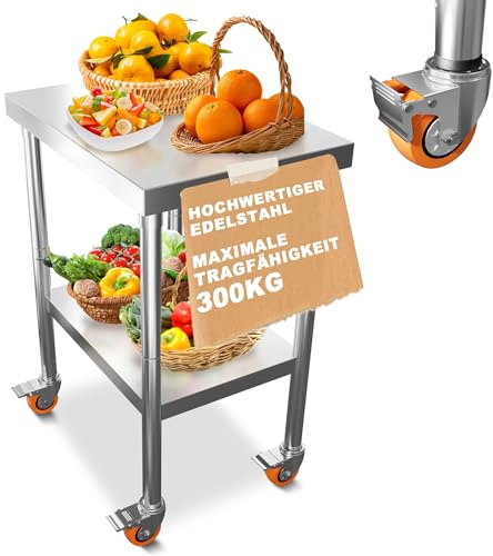UISEBRT Arbetsbord i rostfritt stål, 4 stycken vridbara hjul med bromsar, förberedelserbord köksbord med justerbara höjd-fötter, installationsbord lastkapacitet 300 kg för kök bar restaurangkärra, 85