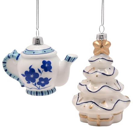 Widdop - Set di 2 palline di vetro blu e bianche, eleganti decorazioni da appendere a forma di teiera e albero di Natale, per una decorazione natalizia ispirata alla cineserie