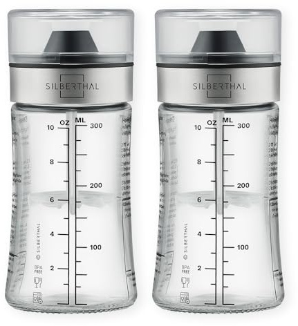 SILBERTHAL Shaker Vinaigrette En Verre Gradué 2 pcs à 350 ml Avec 4 Recettes Et Couvercle - Bouteille À Sauce Salade - Mélangeur Assaisonnement Réutilisable - Pique-Nique Et Barbecue - Sans Goutte