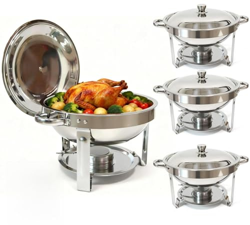 4-Pack Chafing Dishes for Buffet，6QT 304 Stainless Steel Round Chafing Dish Buffet Set - Complete Food Warmers with Lids, Water Pans, Fuel Can Holders for Catering & Wedding Receptions，Silver