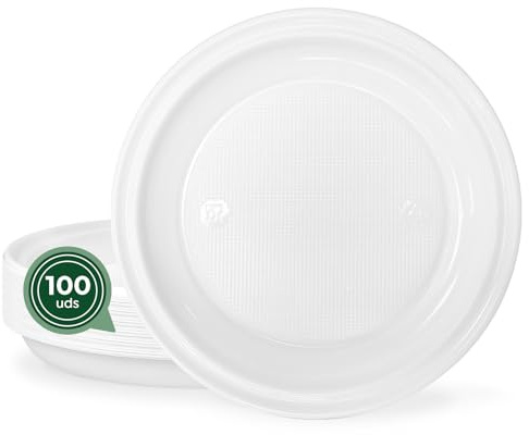 MAXI PRODUCTS - 100 Platos Plástico Blancos Reutilizables - Ø 17 cm - Platos Vajilla - Norma UNE-EN-12875-1 - Plato Redondo - Alta Resistencia - Picnic - Celebraciones - APTO COMIDAS CALIENTES Y FRÍAS