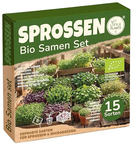 Little Plants Bio Sprossen Samen Microgreens Starter Set - 15 Sorten | Keimsprossen einfach selbst ziehen – hochwertige Keimsaat, auch ideal als Geschenk für Gartenfreunde