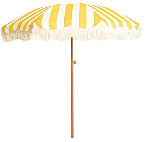 Parasol de Plage d'extérieur à Franges de 200 cm, Rayures Jaunes et Blanches, Parasol Inclinable pour Piscine, Pelouse, Jardin ou Terrasse, UPF 50+