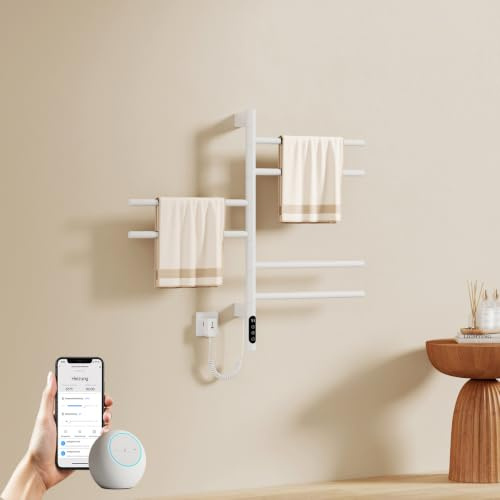 EMKE Radiador eléctrico de baño 782 × 450 mm, radiador toallero Giratorio 180° con Control de aplicación WiFi, Calentador de Toallas con termostato y Temporizador para Montaje en Pared, 135 W, IP45