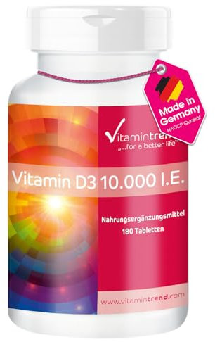 Vitamina D3 10.000 I.E – ¡Bote para 6 MESES! – Más concentrado que en forma líquida – 180 comprimidos – Fabricado en Alemania – Colecalciferol – Vitamina del sol | Vitamintrend®
