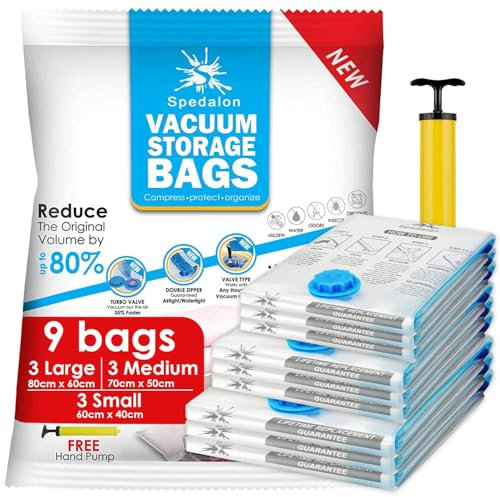 Spedalon Vacuum Storage Bags - Pack of 9 (3 Large + 3 Medium + 3 Small) ReUsable with free Hand Pump for travel packing | Best Sealer Bags for Clothes, Duvets, Bedding, Pillows, Blankets, Curtains