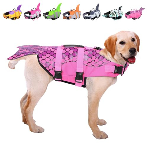 ASENKU Dog Life Jacket - Pet Safety Vest for Swimming & Boating, Shark Life Jacket with Floatation, Dog Lifesavers Swimsuits for Small Medium Large Dogs (Mermaid Pink, L)