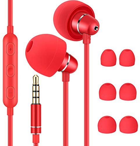 Bulees Audífonos para Dormir, Aislamiento de Ruido, para Personas Sensibles. Auriculares Ligeros con Cable para Canal Auditivo Pequeño, In-Ear Auriculares con Micrófono y Control de Volume-Rojo