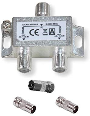TV Splitter Sat Breitbandverteiler BK 2-fach, 3-fach, 4-fach, 6-fach, 8-fach Verteiler (analog digital Kabel Fernseher Radio LNB), Größe: 2-fach + IEC Stecker