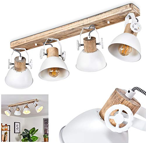 HOFSTEIN Deckenleuchte Orny, verstellbare Deckenlampe aus Metall/Holz in Weiß/Naturfarben, moderne Leuchte im Industrial/Retro/Vintage-Design, 4 x E27, Wohnzimmer, Esszimmer, Schlafzimmer, Küche